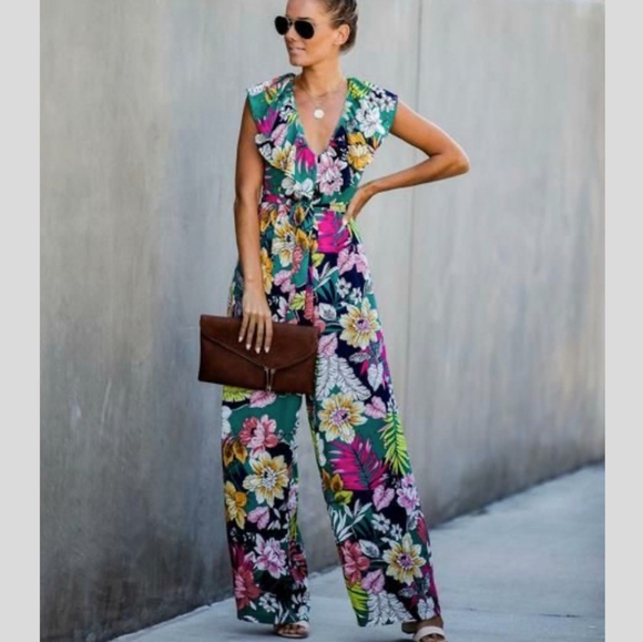 Vici Pants - NWOT VICI Jordyn Floral Ruffle Tie Jumpsuit